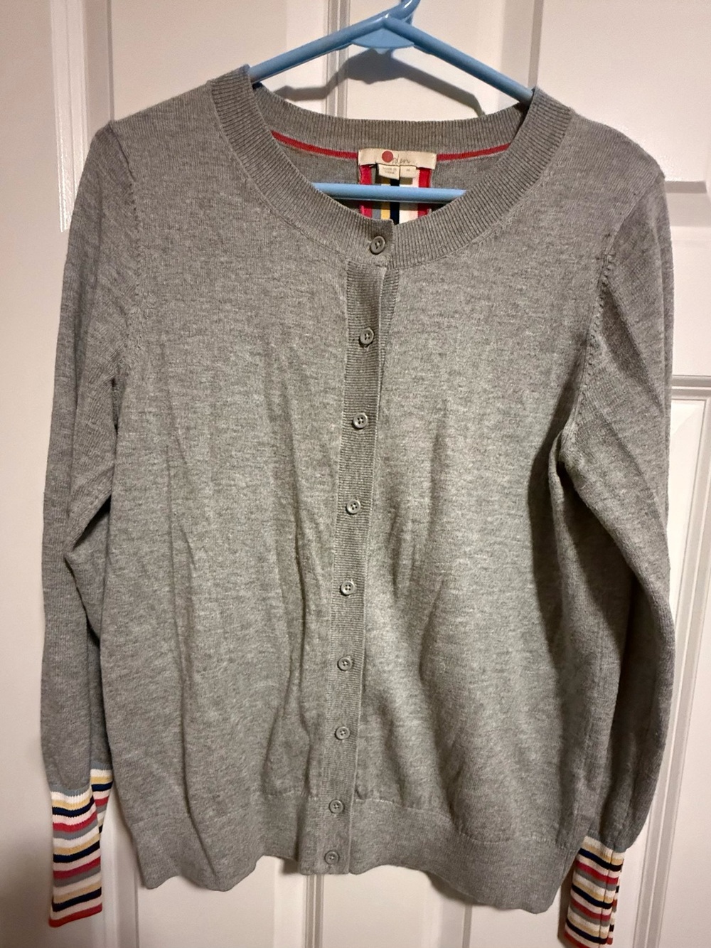 Light Gray Button-Up Cardigan with Striped Cuff Detail